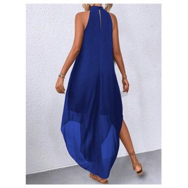 Verdusa Women's Flowy Halter Neck Sleeveless Asymmetrical Hem Maxi Long Dress Royal Blue Medium