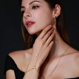 Frigotine Gold Moon Star Hand Chain Ring Bracelet for Woman, Dainty Harness Chain Finger Ring Slave Bracelets Adjustable Summer Beach Jewelry Gifts