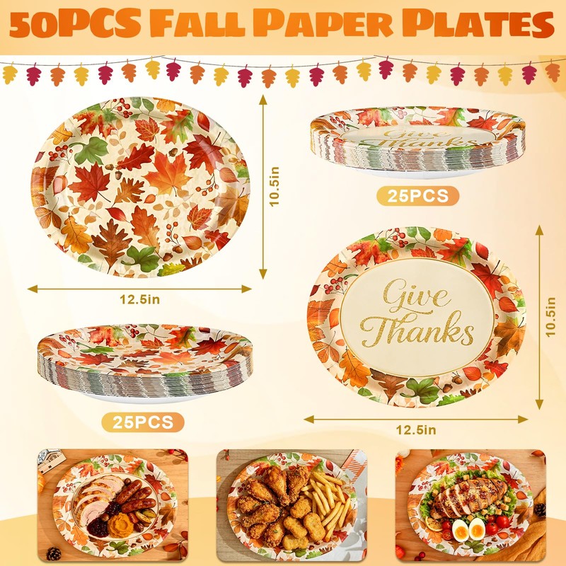50 PCS Thanksgiving Oval Paper Plates Disposable, Fall Paper Plates,
