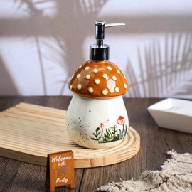 Bicuzat Ceramic Mushroom Shaped Soap Dispenser with Plastic Pump, Liquid Body Lotion Soap Bottle, Hand Soap Dispenser for Bathroom Kitchen Countertop