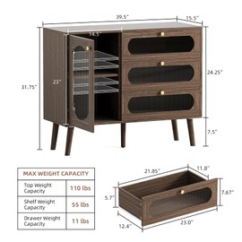 Ludatido Buffet Cabinet with Storage, Sideboard Cabinet with 3 Drawers and Adjustable Shelves, Modern Accent Coffee Bar with Fluted Glass Door for Kitchen/Living Room/Dining Room/Entryway, Walnut