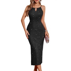 BeryLove Sequin Prom Wedding Guest Cocktail Glitter Spaghetti Strap Dress Evening Sexy Party Bodycon Slit Dresses RBLS0032 Black XL