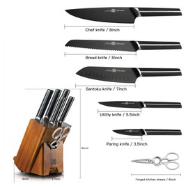 Kitchen Knife Set, 7 Pieces German Stainless Steel Knives Set for Kitchen with Acacia Wood Block, Kitchen Scissors, Box Packed, Elegant Black