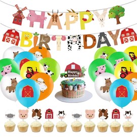 SKTMH Farm Theme Birthday Decorations Farm Animals Birthday Banner Farm Animal Print Latex Balloons Cow Print Balloons Set Cupcake Toppers for Barnyard Birthday Party Farm Animal Baby Shower Supplies