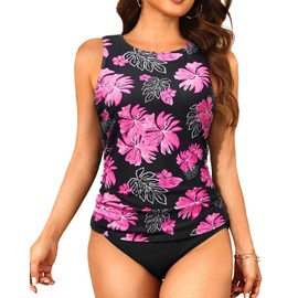 Aqua Eve Women's High Neck Tankini Swimsuits - Two Piece Tummy Control Bathing Suits Modest Swimwear 2025 Pink Floral M