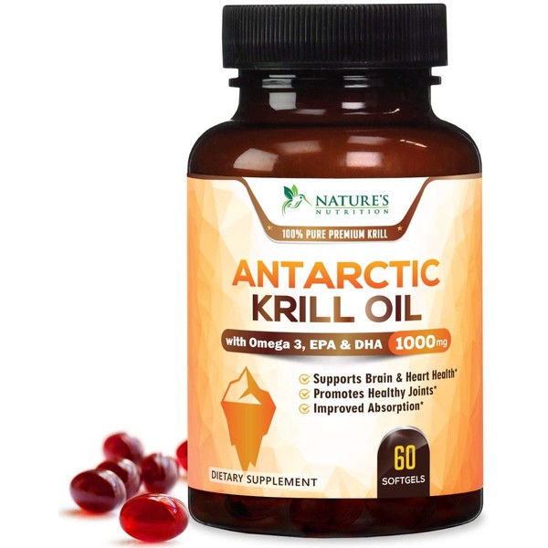 Antarctic Krill Oil Supplement 1000mg Extra Strength Krill with Omega 3, EPA, DHA and Astaxanthin - Made in USA - Heart Support and Joint Support, Non-GMO, No Fishy Aftertaste - 60 Softgels