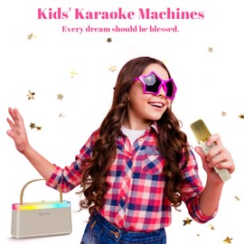 Qocum Kids' Karaoke Machine with Dual Stereo Speakers: Mini Karaoke Machine with 2 Wireless Microphones, Multiple Using Ways, RGB Dance Light, Magic Voices, TWS Mode, Birthday Gifts for Kids Aged 4-12