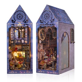 Foyucool DIY Book Nook Kit, Miniature Bookshelf Decor with LED Lights, Laser-Cut Wooden Craft Set for Adults, Creative Gift for Christmas, Birthday, Time Castle