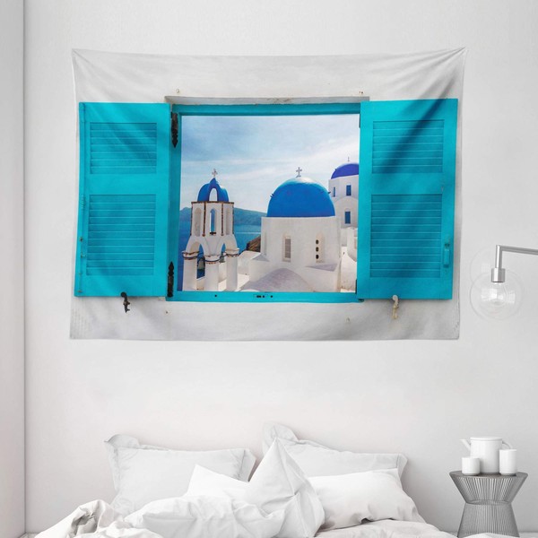 Ambesonne Landscape Tapestry, Window with View of Classical Building with