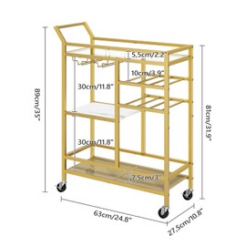 MAHANCRIS Bar Cart for Home, 3-Tier Serving Cart with Glass Top, Beverage Cart with Wine Rack and Glass Holder, Drink Cart with Wheels, for Dining Room, Living Room, Gold and White RCJM71B01
