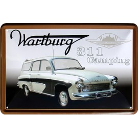 WOGEKA ART Retro Blechschild - Wartburg 311 Camping - DDR Oldtimer Auto, 20 x 30 cm, Ostalgie Vintage Metallschild als Geschenk zur Werkstatt und Garagen Deko für Ossis 338