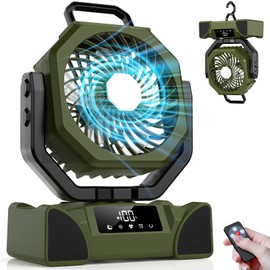 3-In-1 Camping Fan with Strong 5 Speed, 20000mAh Cordless Rechargeable Portable Fan, Outdoor USB C Tent Fans Battery Powered with LED Light, Display Screen for Travel, Home, Beach, Power Outage, Green