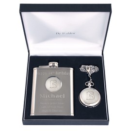Engraved 18th Birthday Silver Coloured 18 Feature Mother of Pearl Pocket Watch and Hip Flask Gift Set