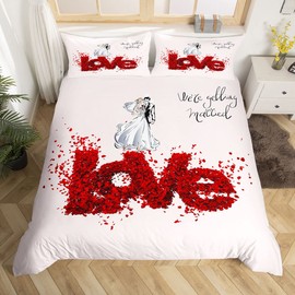 Feelyou Wedding Couple Duvet Cover with Bride and Groom Print - For Girls Teens Decorative Bedroom - Polyester with Red Rose Love Print - 1 Pillowcase 155 x 220 cm