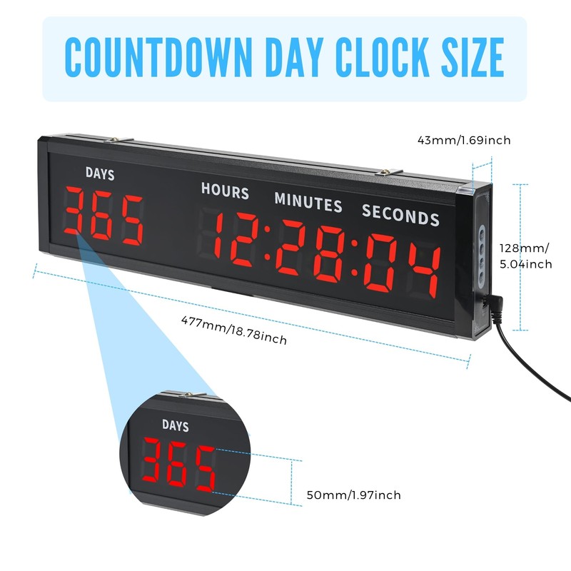 Digital Countdown Clock, LED Large Display Count Up/Count Down Timer,