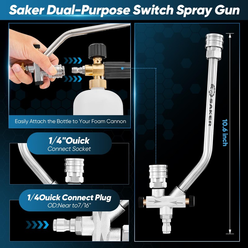 Saker Foam Cannon Dual Connector Accessory, Dual-Purpose Switch Spray Gun,Foam