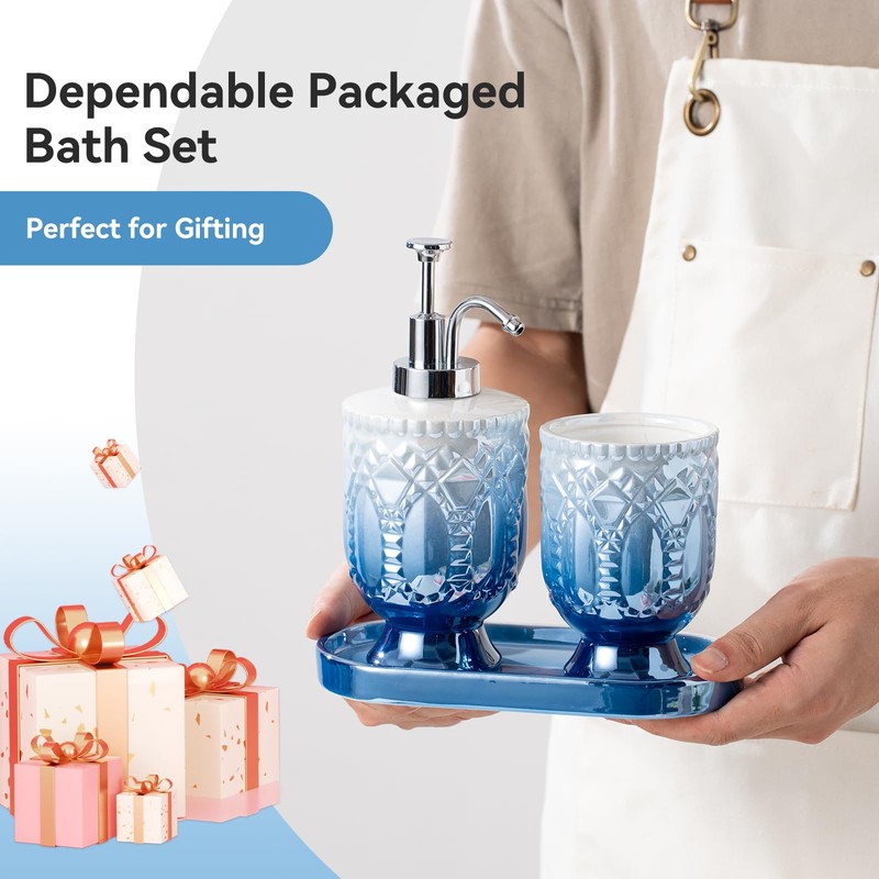Ceramic Bathroom Accessories Set, 3pcs Blue Bathroom Soap Dispenser Sets