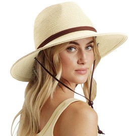 DRESHOW Womens Summer Straw Sun Hat Wide Brim Bucket Hats Fedora Hats Panama Beach Hat with Chin Strap UPF 50+