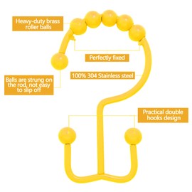 Qazvmlp Shower Curtain Hooks,304 Stainless Steel Shower Rings for Bathroom,Double Glide Shower Hooks for Bathroom Shower Curtain Rods Curtains,Set of 12 Hooks,Yellow（Shower Curtain Hooks Style A ）