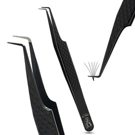 My Lash Tools Lash Tweezers For Eyelash Extension Precision Fiber Tip Lash Tweezers for Eyelash Extensions 90 Degree Angle Volume Curved tweezers for women Stainless Steel Lashing Tweezers (Black)