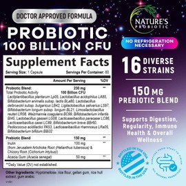 Nature's Probiotic 100 Billion CFU - 16 Strains + Prebiotics - Our Best Probiotic Supplement for Women & Men - Supports Immune, Digestive Health, Occasional Constipation, Gas, & Bloating - 60 Capsules