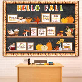 Honoson Fall Bulletin Board Decorations Set Fall Bookshelf Bulletin Board Classroom Decor Library Autumn Coffee Cup Pumpkin Maple Leaves Cutouts for Thanksgiving Harvest School Classroom Decoration