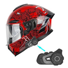 1Storm Motorcycle Full Face Helmet Dual Visor Sun Shield Ghost Red + Martian BlueT-S2 Motorcycle Bluetooth Headset
