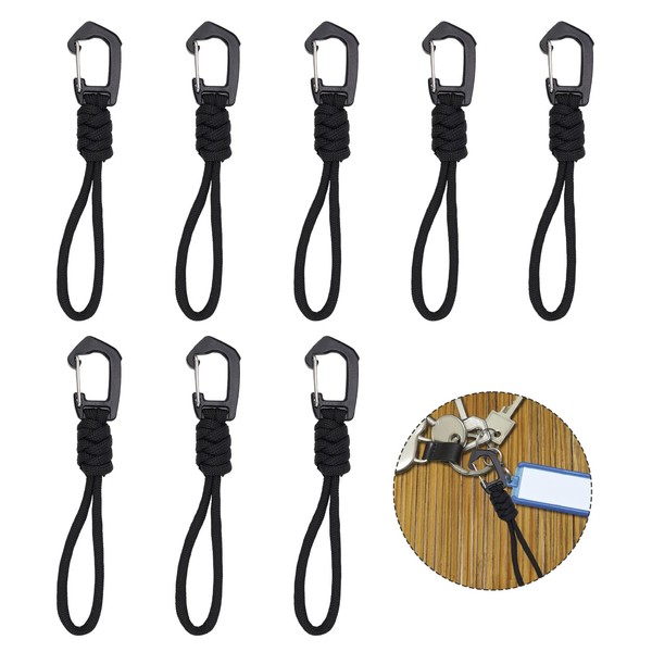 HASLED Paracord Key Chain, Pack of 8, 12 cm, Hand-Braided Paracord Carabiner Keyring, Carabiner Black, Suitable for Mountaineering and Outdoor Camping Trips