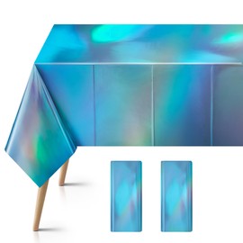 2 Pcs Blue Iridescent Plastic Tablecloths, Disposable Shiny 54" x 72" Laser Holographic Rectangle Table Cover, Foil Table Cloth for Party Decoration, Birthday, Bachelorette, Bridal, Wedding