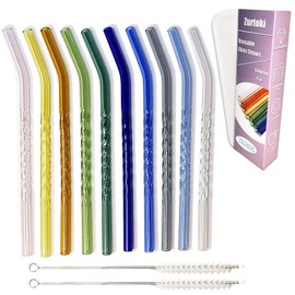 Zurtoki 10 PCS Reusable Bent Colored Glass Straws 7.87" x 8 mm Fun Drinking Straws Shatter Resistant for Iced or Hot Drinks, Dishwasher Safe Come with 2 Cleaner Brush and 1 Reusable Storage Box