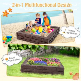 HONEY JOY Sandbox with Cover, 47x47 Inch Square Sand Pit for Backyard, Bottom Drainage Oxford Liner, HDPE Playful All Weather Resistant Sand Boxes for Kids Outdoor with Lid (Brown)