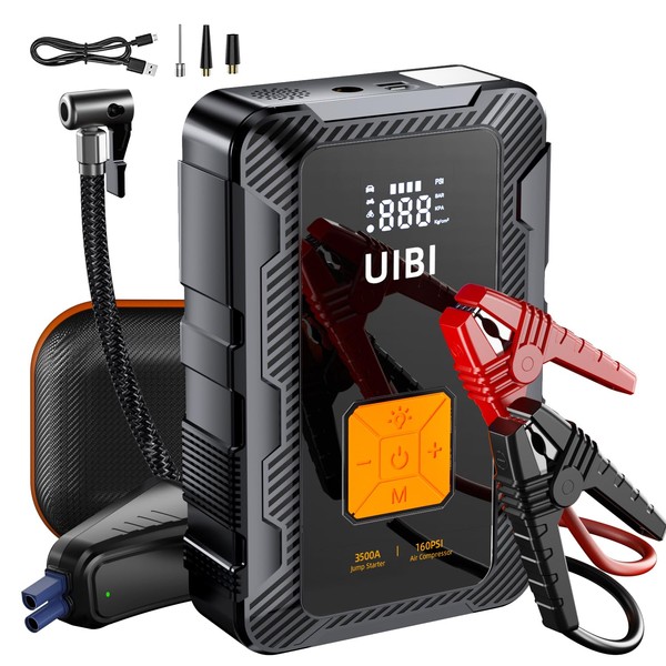 Car Jump Starter with Air Compressor, UIBI 3500A Car Battery Jump Starter Pack with 160PSI Portable Tire Inflator, Type-C PD45W, 12V Lithium Battery Jumper Box for 10.0L Gas/8.5L Diesel Vehicles