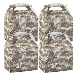 Restaurantware Bio Tek 10 x 7 x 8 Inch Gable Boxes For Party Favors, 25 Attractive Gift Boxes - Camouflage Print, With Built-In Handle, Paper Barn Boxes, Disposable, For Parties