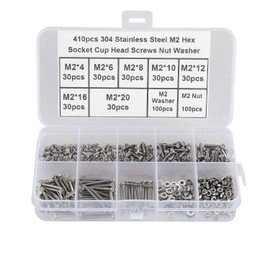 HanTof 410Pcs Tiny Hex Socket Head Cap Screws Bolts, 304 Stainless Steel M2 x 4/6/8/10/12/16/20mm, Micro Allen Head Machine Screws, Nuts and Washers Kit with Hex Wrench, Fully Threaded Pitch: 0.4mm