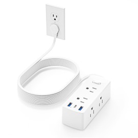 Flat Extension Cord 20ft, Olcorife Flat Plug Power Strip with 6 Outlets 3 USB Ports(1 USB C), 3-Side Outlet Extender Surge Protector for Home Office Dorm Room Essentials, White