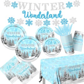 Winter Decor Tableware,142pcs Winter Party Supplies Include Winter Plates and Napkins Cups Tablecloth Banner for Winter Theme Decoracion (Blue)