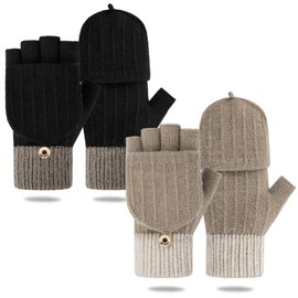Fingerless Gloves Women's Winter Warm Mittens Knitted Gloves with Flip Top Sport Warm and Windproof Winter Gloves for Men and Women 2 Pairs, Black and khaki
