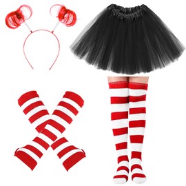 Hicarer 4 Pcs Tutu Costume Set for Women Tulle Tutu Skirt Striped Socks Stretchy Gloves Ponytails Headband(S,Red)