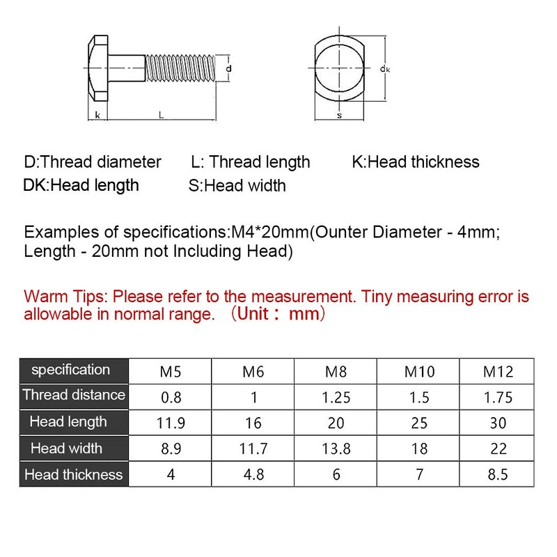 ANSIEDIO Hammer Head Screws Stainless Steel T Screw T-Bolts M8
