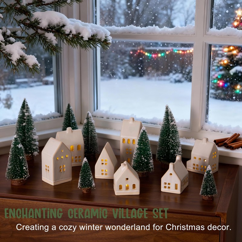 SOONOW Christmas Village Set - Ceramic Houses, Remote LED Tea