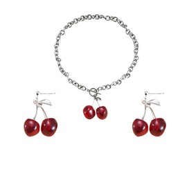LPYO Cherry Earring Necklaces Set Or Cherry Earring Bracelet Set for Women Creative Geometric Ot Buckle Punk Gothic Chocker 3D Tropical Fruit Cherry Earrings Sweet Funny Red Dark Cherry Bracelet (earrings necklaces)