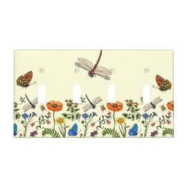 Yellow Summer Wild Flowers Dragonfly Floral Decorative 4-Gang Toggle Light Switch Wall Plate Cover, Beige Butterfly Plants Botanical Quadruple Toggle Device Dimmer Switches Wall Plate Outlet Covers