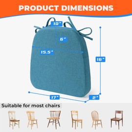 Sunsleek Chair Cushions for Dining Chairs, D-Shaped Seat Cushions with Removable Washable Cover and Ties, Chair Pads for Kitchen, Indoor Dining Room, Patio Chairs, 17'' x 16'', Set of 6, Blue