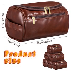 6 Pcs Groomsmen Gift Groomsmen Toiletry Bags Set Leather Toiletry Bag for Men with Hook Leather Wedding Proposal Bag with Side Handle Father Gift, Dark Brown