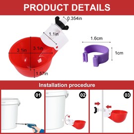 Chicken Waterer Cups, Large Chicken Water Feeder, Auto-Fill Cups Waterer Kit, 6 Packs Red, Solution for Poultry Watering, Suitable for Duck, Chicks, Goose, Turkey, Bunny, 6 Packs Chicken Foot Ring
