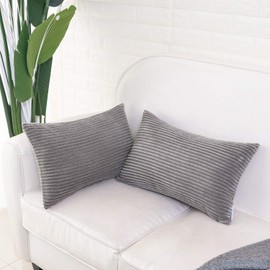 HWY 50 Gray Grey Corduroy Throw Pillow Covers 12x20 Inch Rectangle, Set of 2, Soft Cozy Decorative Cushion Cases for Couch Sofa Bed Living Room, Boho Striped Home Decor