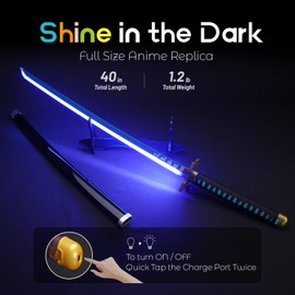 RENGENG Light Up Muichiro Sword, 40 Inches Rechargeable Plastic Anime Replica with Belt & Stand, Original Texture Anime Sword