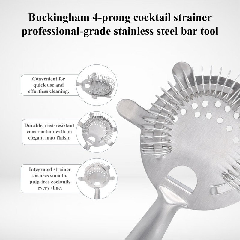Buckingham Cocktail Strainer 4 Prong Hawthorne Professional Grade Stainless Steel