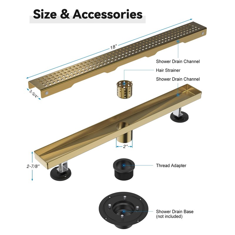 HTOH Gold Shower Drain, 18 Inch Linear Shower Drain with