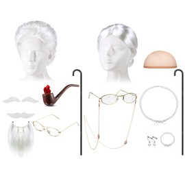 Yingzhao 12 Pcs Old Lady and Old Men Wig Costume Set 100 Days of School Costume for Cosplay Wig Caps Glasses Necklace(White)